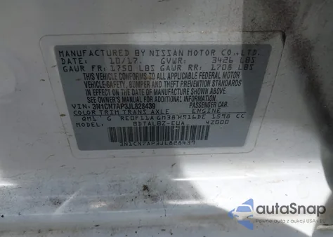 2018 Nissan Versa S/S Plus/Sv/Sl z USA, uszkodzony, nr VIN 3N1CN7AP3JL828439